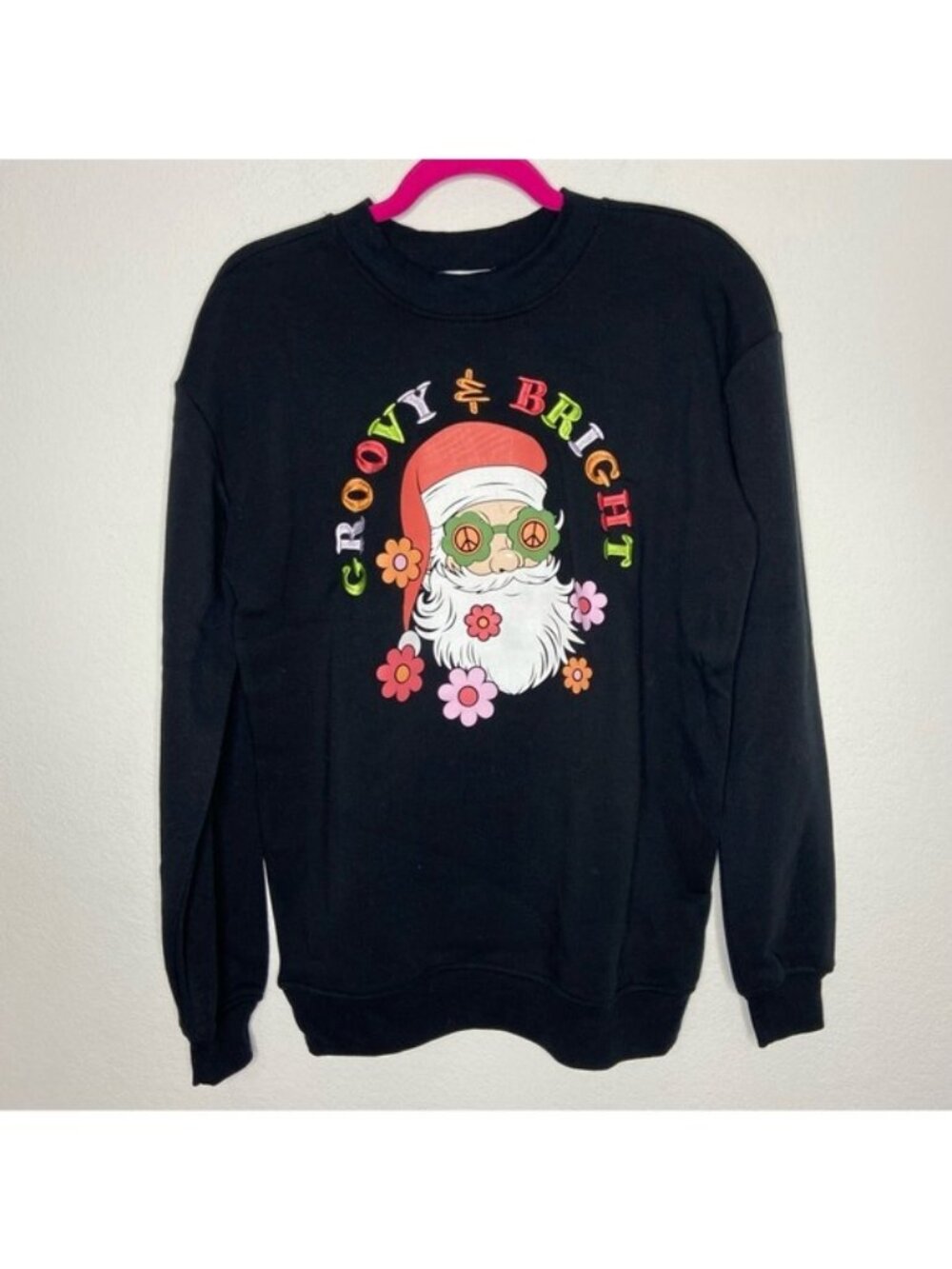 Better/Together Groovy & Bright Black Santa Print Sweater Size XS NWT